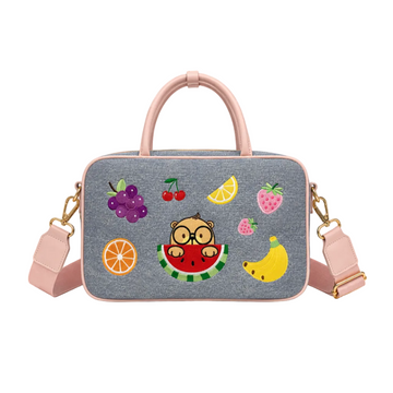 Cream Bear Fruit Embroidered Crossbody Bag – Gray & Pink