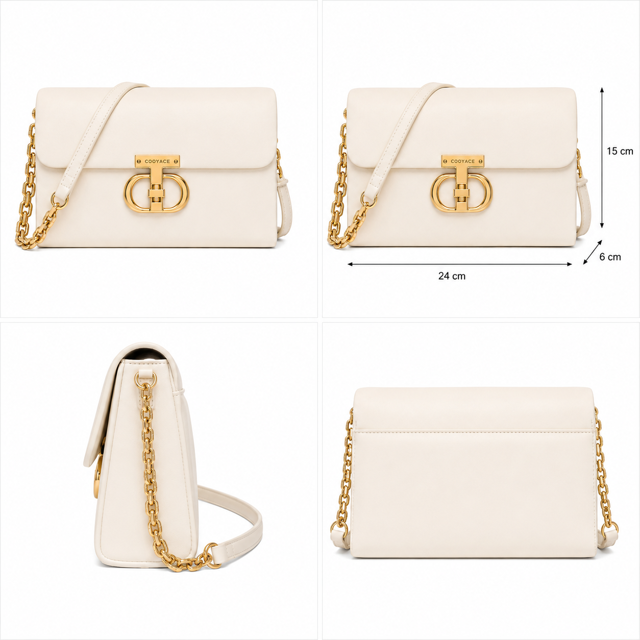 Women's Elegant Ivory Crossbody Shoulder Bag with Gold Hardware