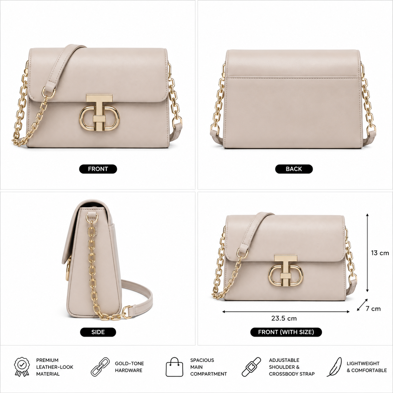 Women's Elegant Beige Crossbody Shoulder Bag with Gold Hardware