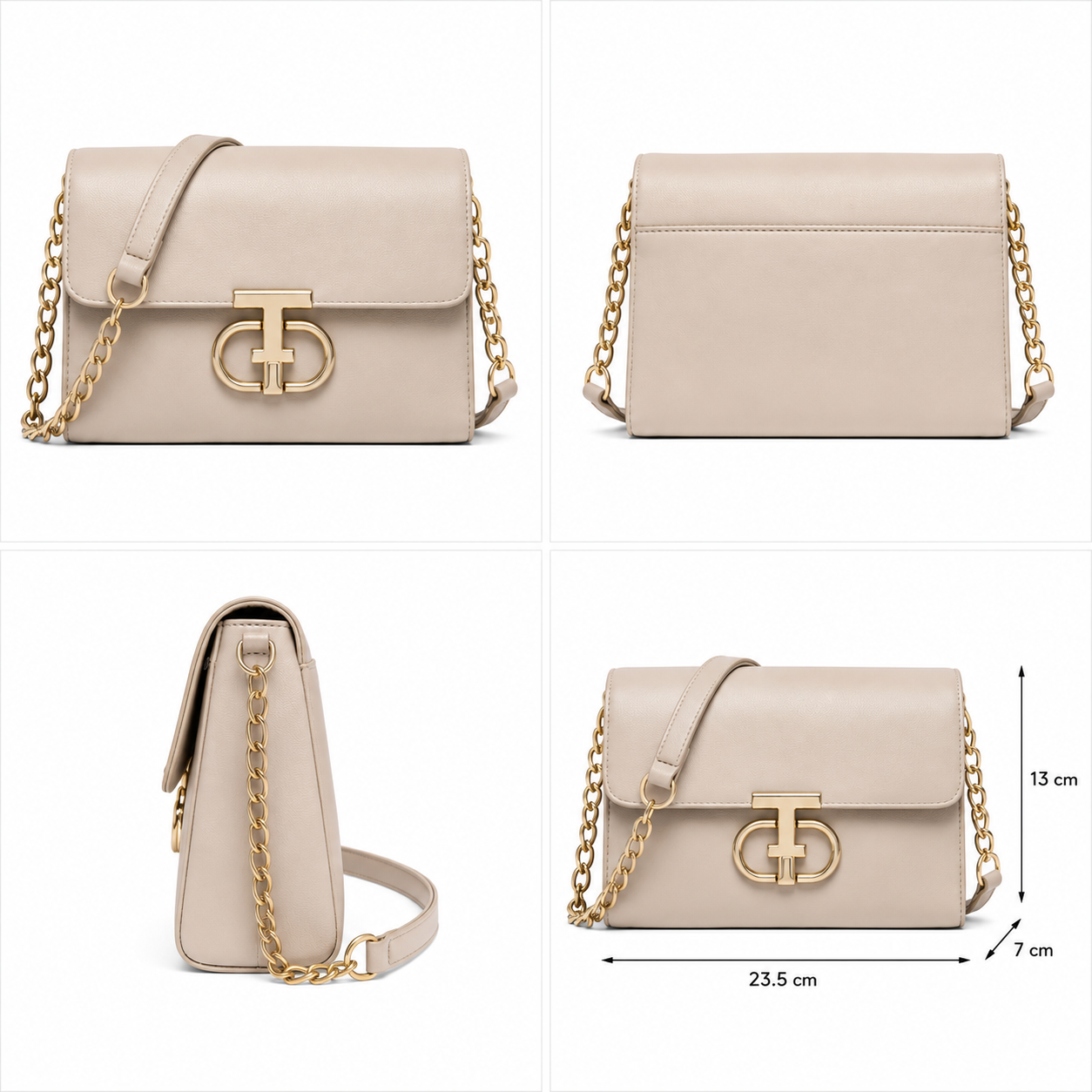 Women's Elegant Beige Cream Crossbody Shoulder Bag with Gold Hardware