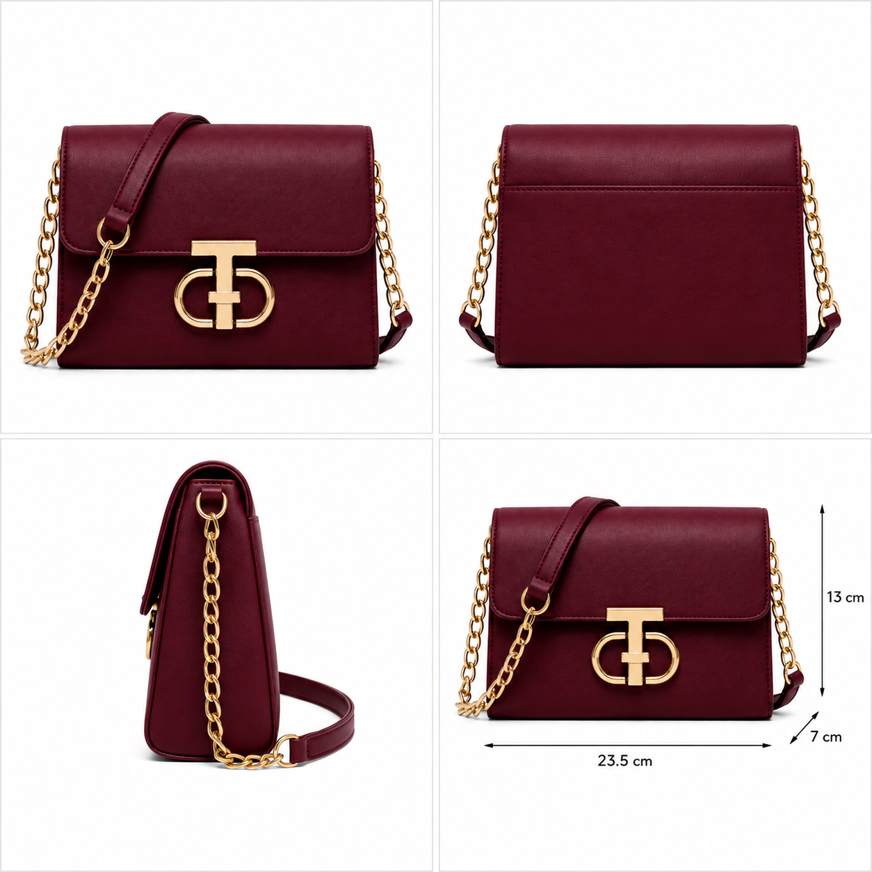 Women's Elegant Burgundy Crossbody Shoulder Bag with Gold Hardware