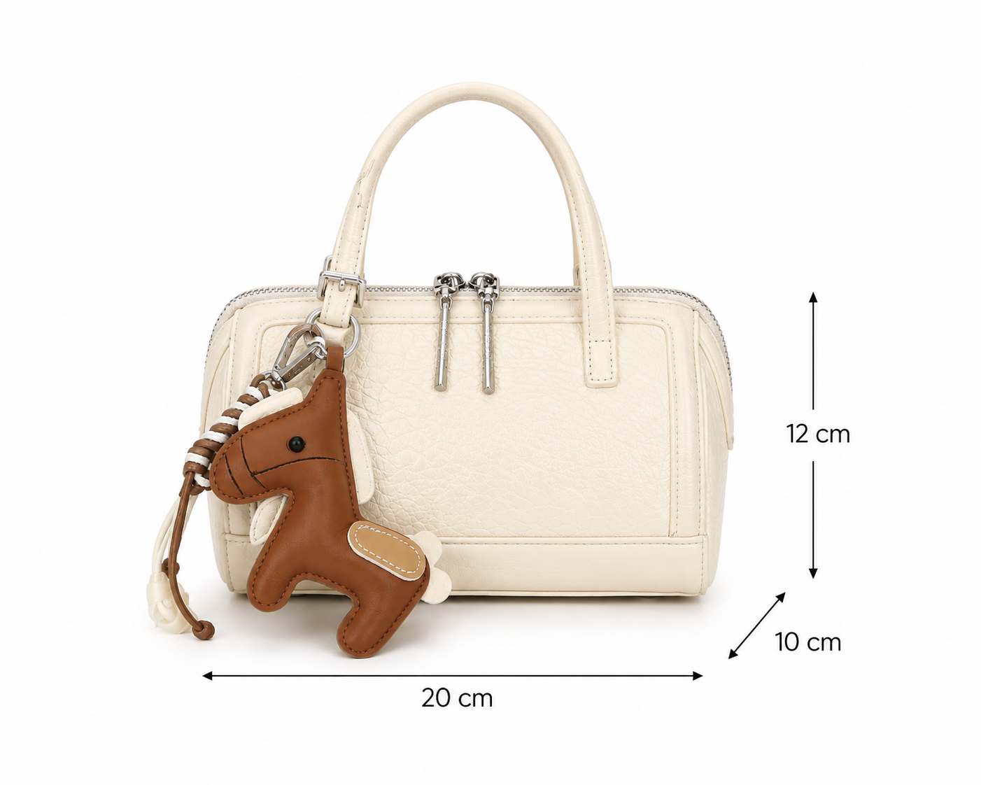 Women's Textured Mini Boston Handbag with Horse Charm – Cream