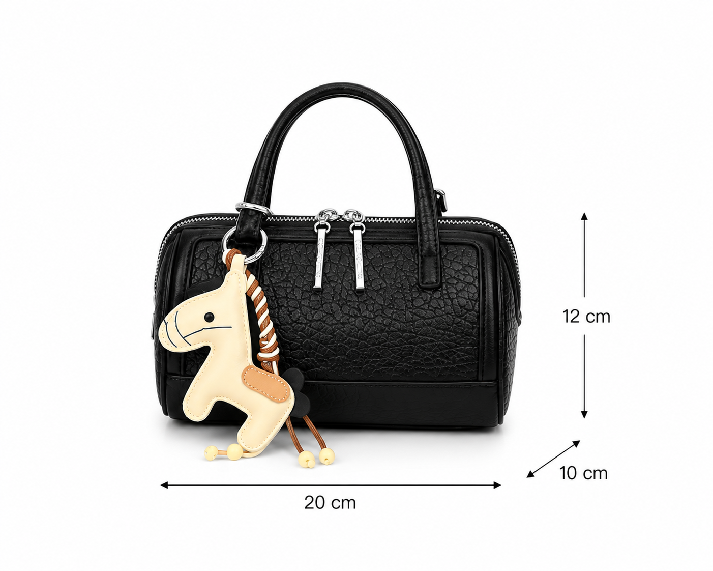 Women's Textured Mini Boston Handbag with Horse Charm – Black