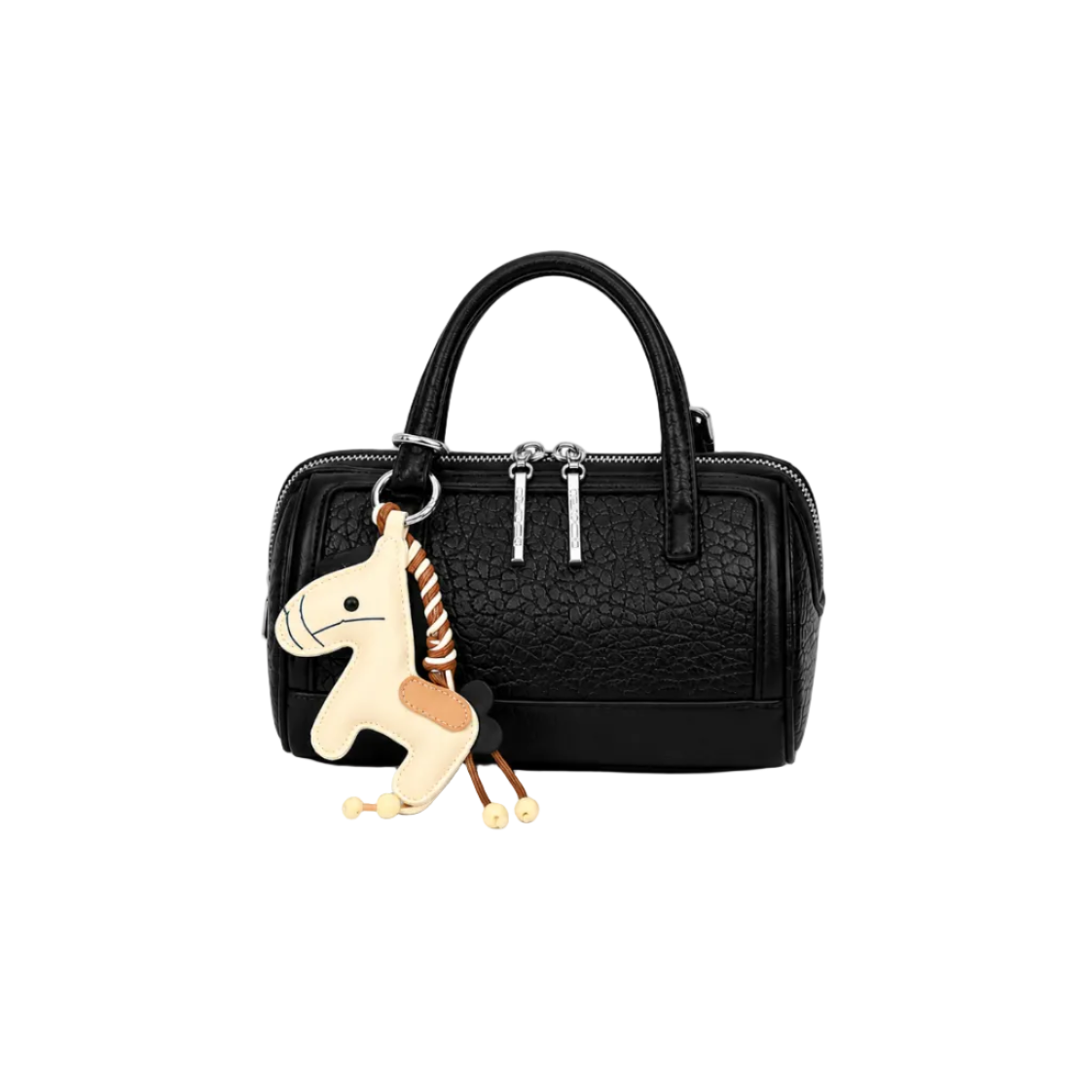 Women's Textured Mini Boston Handbag with Horse Charm – Black