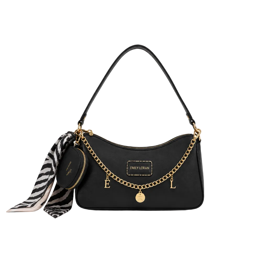 EMILY LORAN Women's Black Shoulder Bag with Chain Detail, Coin Pouch & Scarf