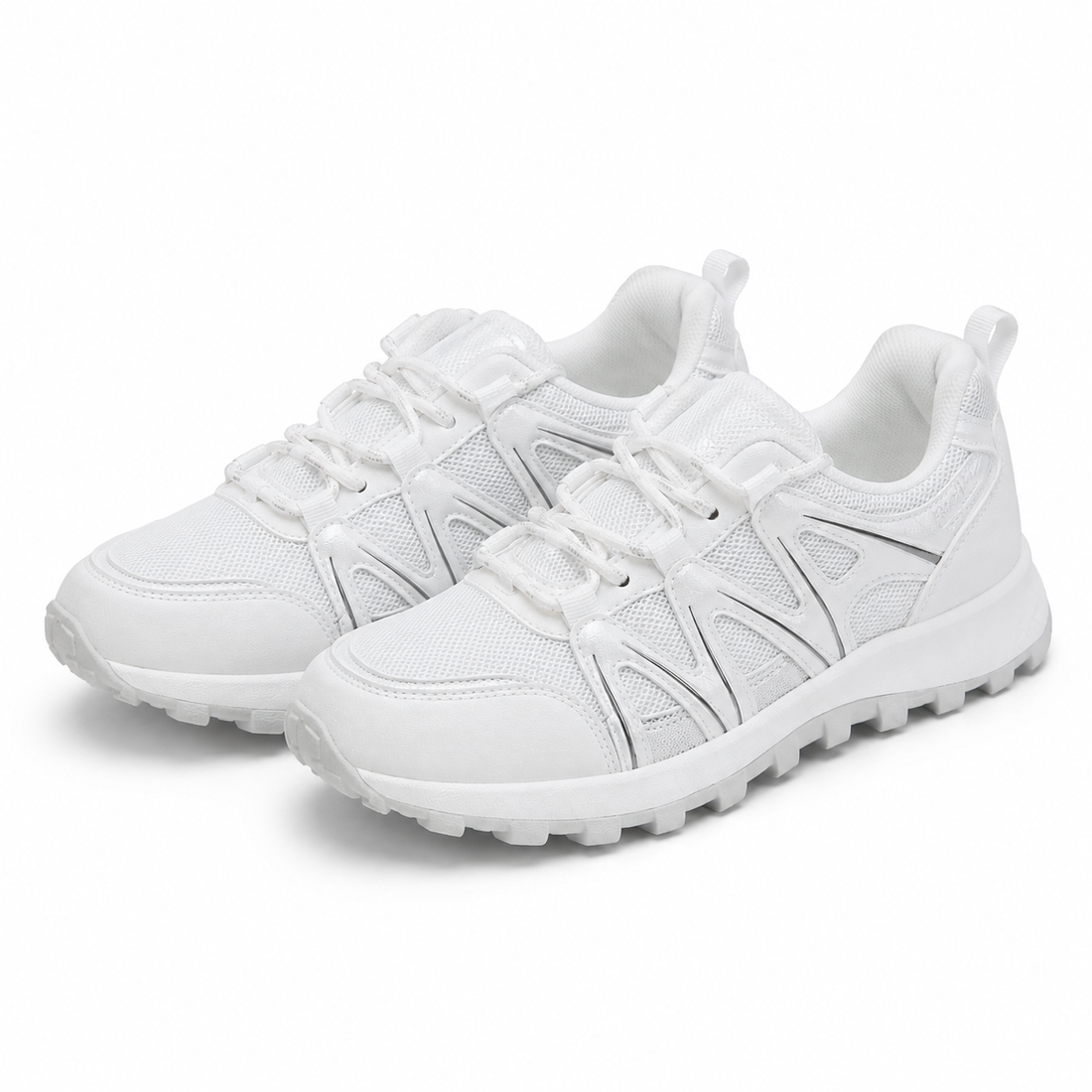 A pair of white athletic sneakers with textured mesh panels and geometric side overlays, displayed on a clean white background.
