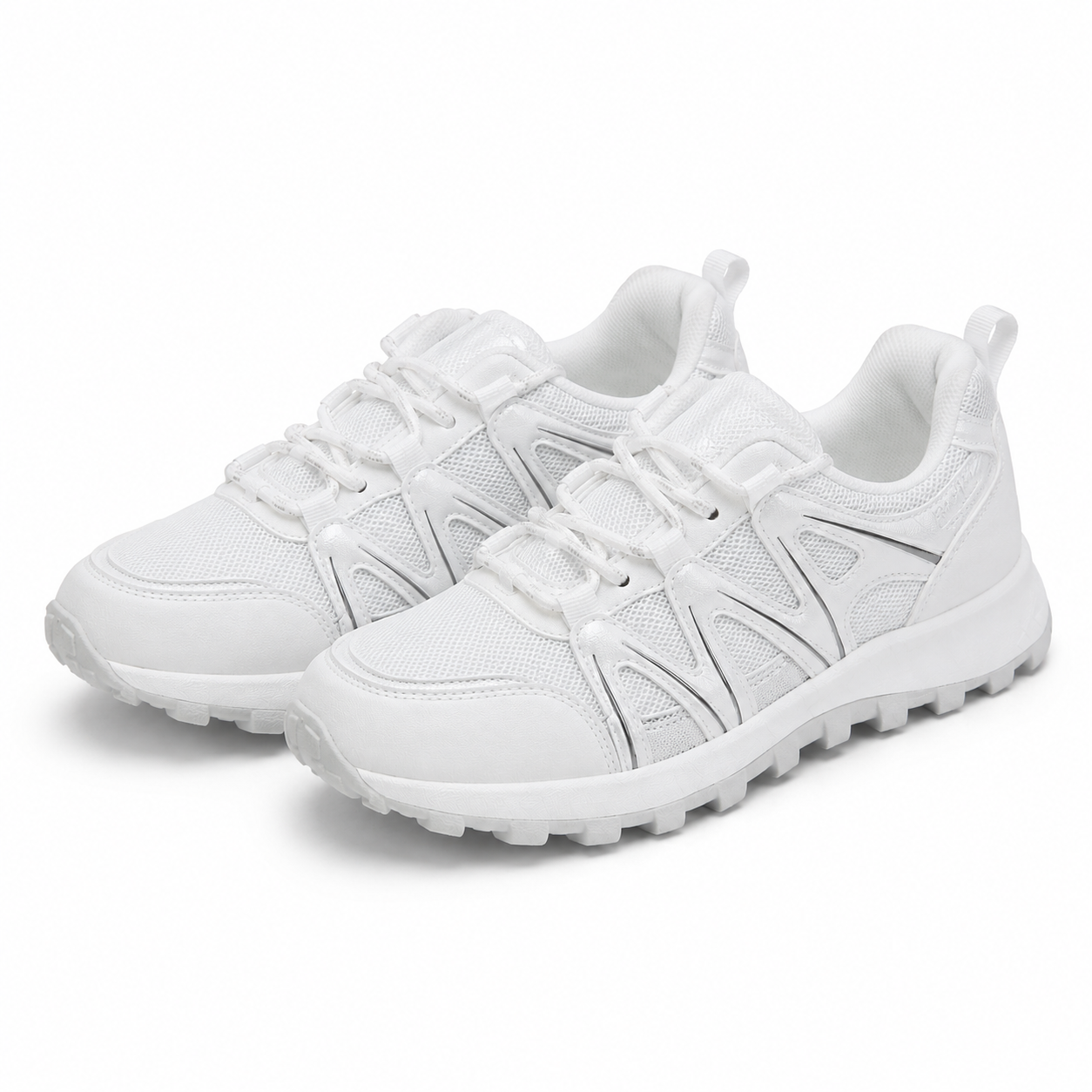 A pair of white athletic sneakers with textured mesh panels and geometric side overlays, displayed on a clean white background.