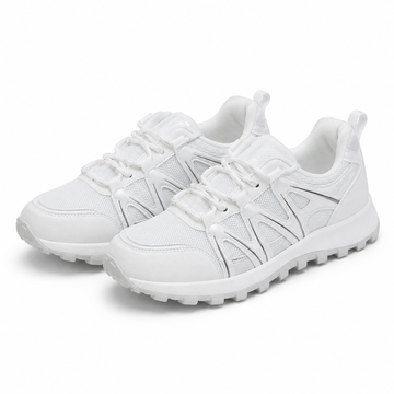 A pair of white athletic sneakers with textured mesh panels and geometric side overlays, displayed on a clean white background.