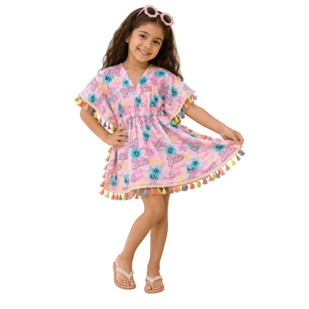 Girls Pink Printed Tassel Kaftan Dress