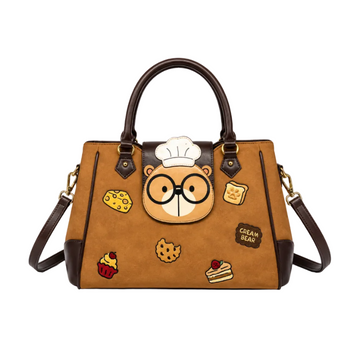 Tan and dark brown women's handbag featuring a cute chef bear design with playful food-themed embroidery and dual handles.