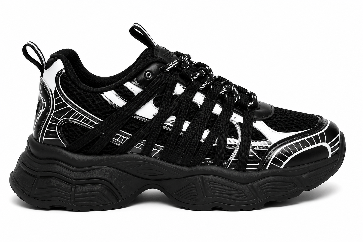 Women's Black Chunky Sneakers with White Graphic Details