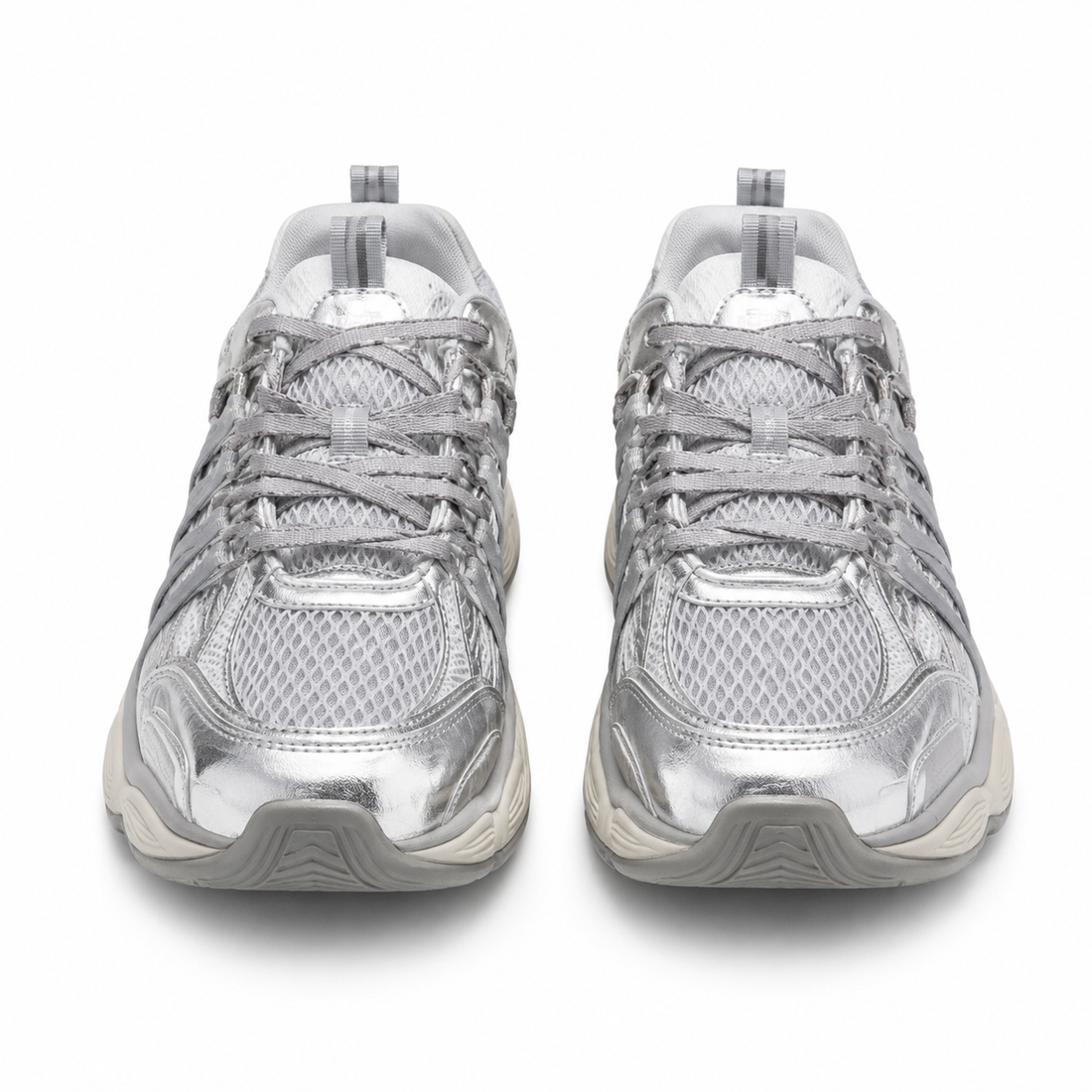 A pair of metallic silver athletic sneakers shown from the front on a clean white background.