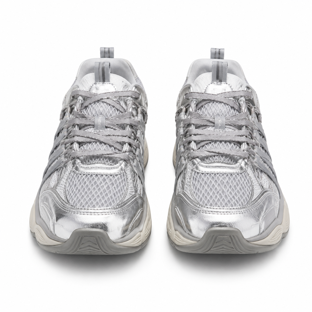 A pair of metallic silver athletic sneakers shown from the front on a clean white background.