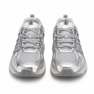 A pair of metallic silver athletic sneakers shown from the front on a clean white background.