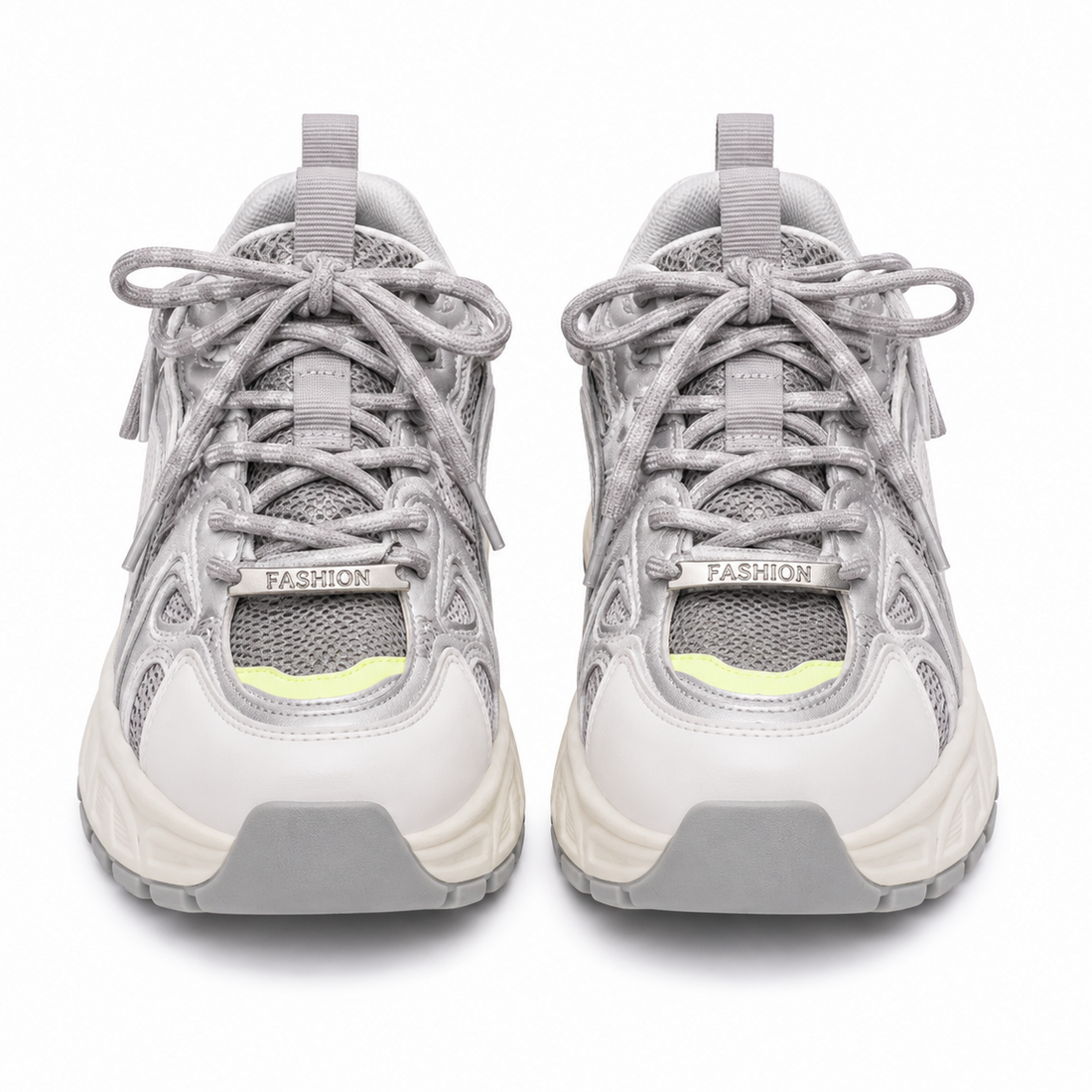 Women's light gray chunky running sneakers with breathable mesh upper and cushioned sole.