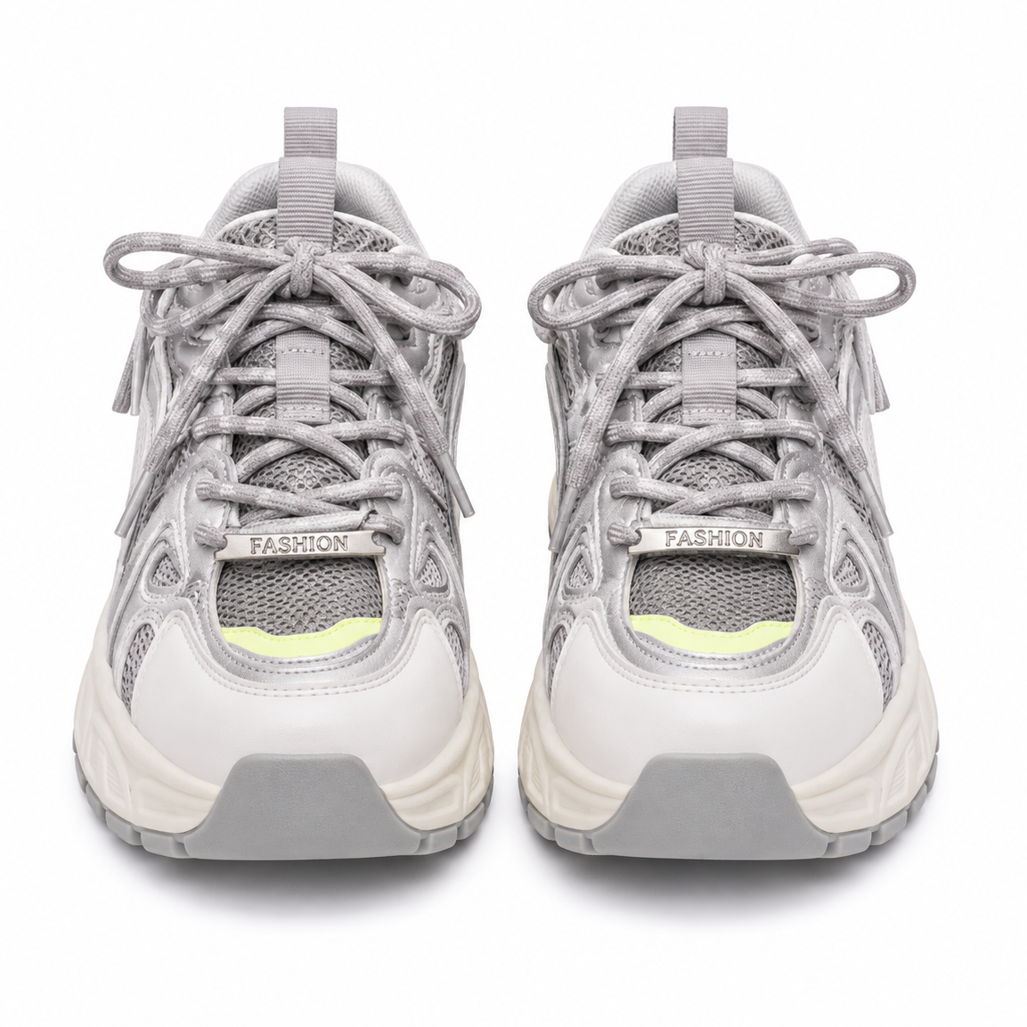 Women's light gray chunky running sneakers with breathable mesh upper and cushioned sole.
