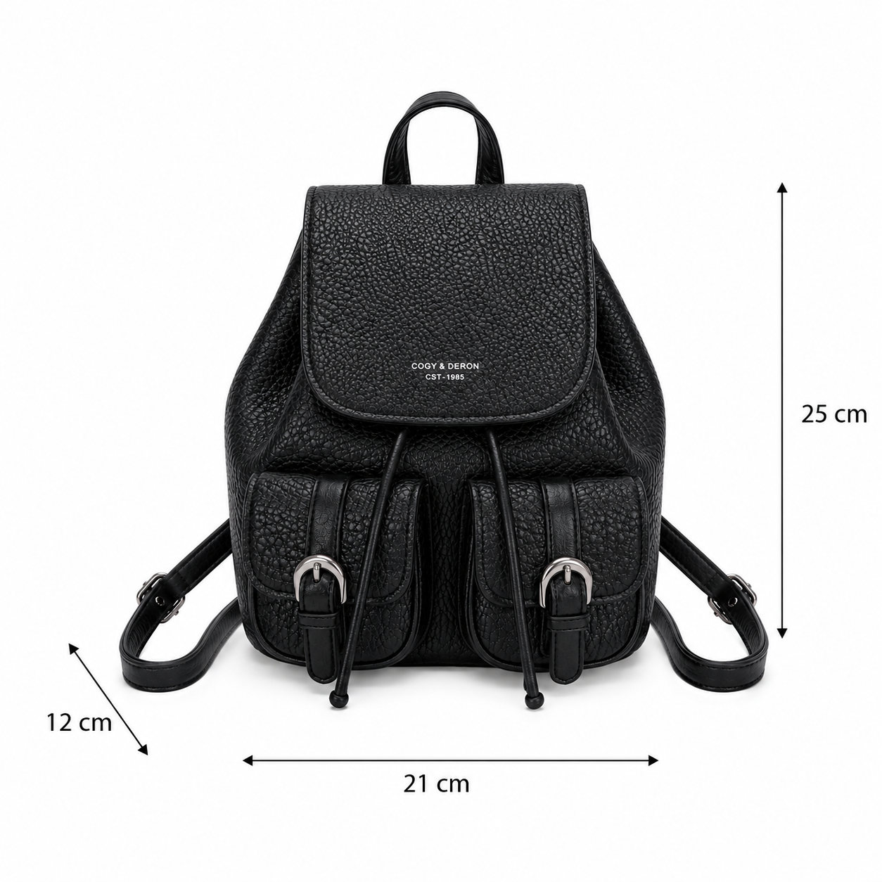 Black pebbled leather backpack with front drawstring pockets and silver buckle details, shown with dimension arrows and labels indicating 21 cm width, 25 cm height, and 12 cm strap depth on a white background.