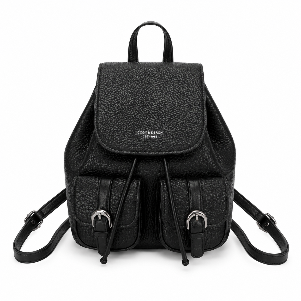 Black textured leather-look backpack with dual front buckle pockets, flap closure, drawstring opening, and adjustable shoulder straps on a white background.