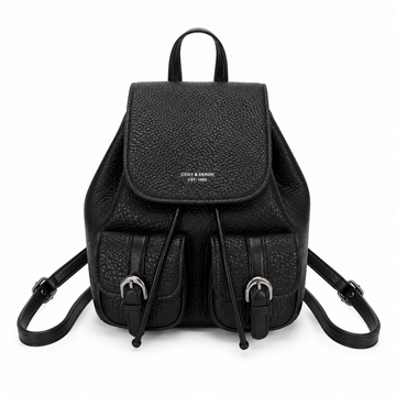 Black textured leather-look backpack with dual front buckle pockets, flap closure, drawstring opening, and adjustable shoulder straps on a white background.