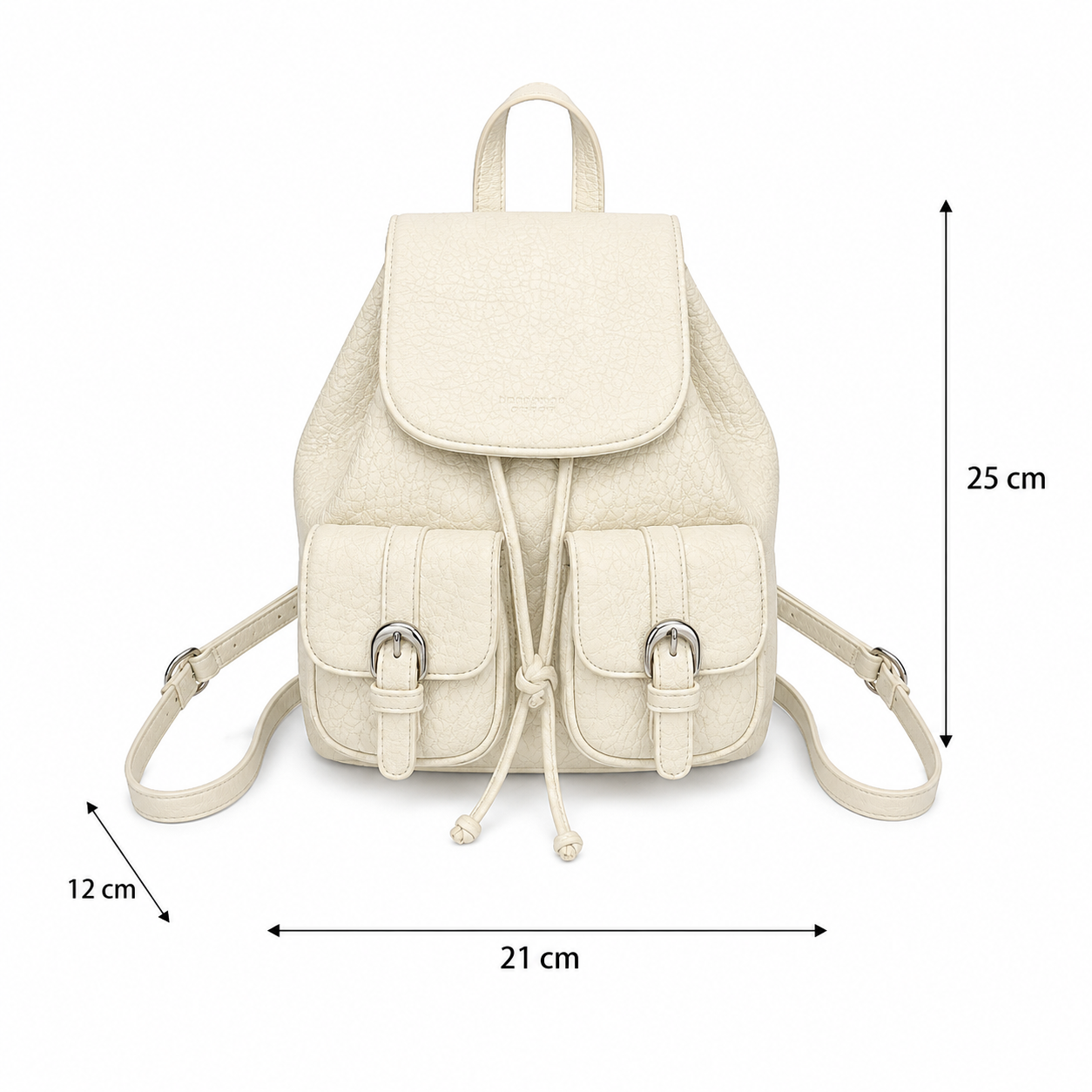An off-white textured leather backpack with dual front flap pockets, a drawstring closure, and adjustable shoulder straps, shown with dimension lines indicating measurements of 25 cm height, 21 cm width, and 12 cm strap depth.