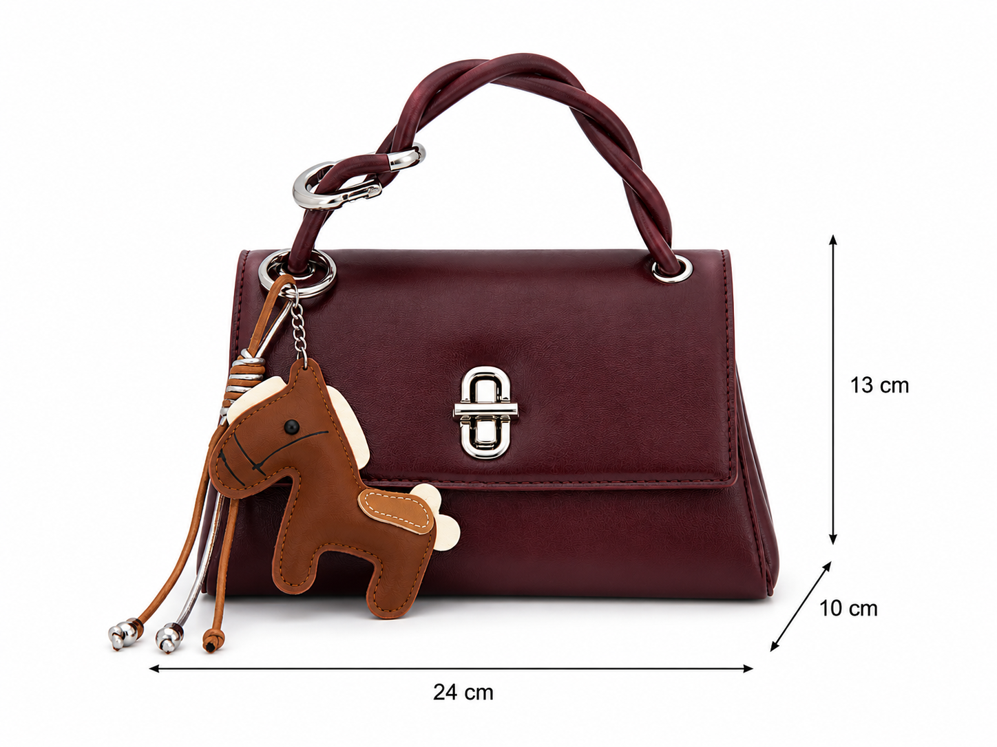 A burgundy leather handbag with a top handle, silver-tone hardware, and a brown horse-shaped keychain charm. The image includes dimension lines and text indicating measurements of 24 cm width, 13 cm height, and 10 cm depth.
