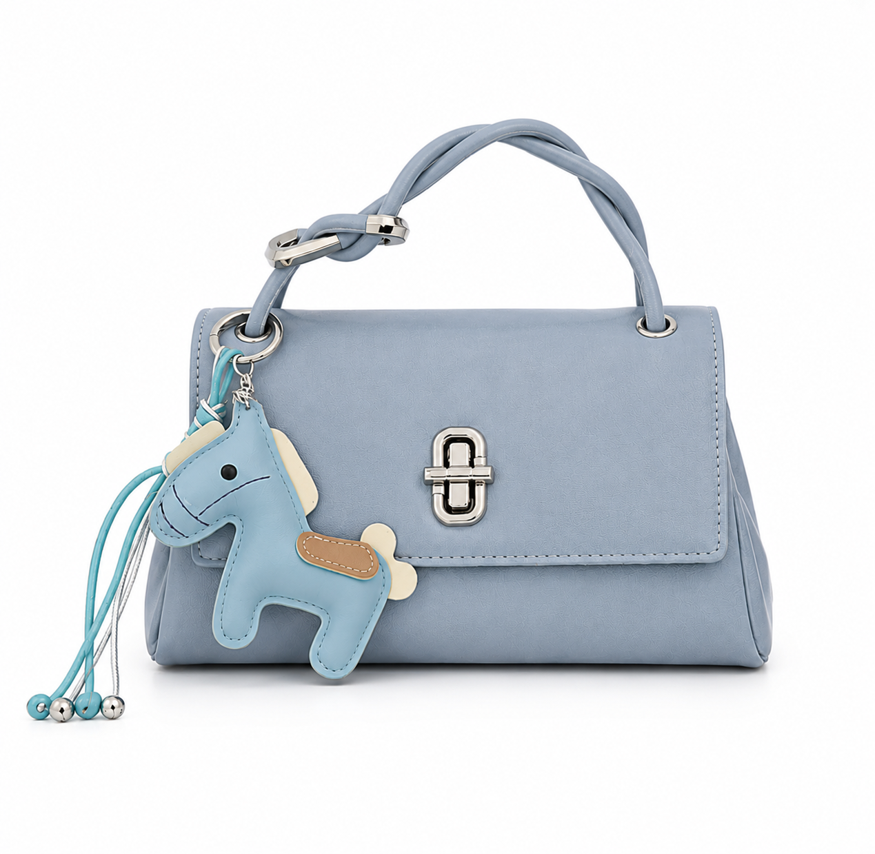 Light Blue structured top handle handbag with silver twist-lock closure and decorative horse charm on a clean white studio background.