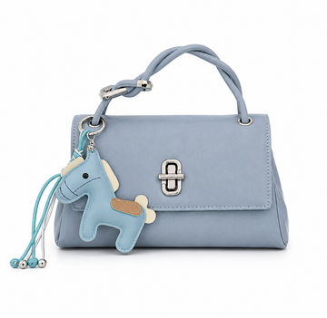 Light Blue structured top handle handbag with silver twist-lock closure and decorative horse charm on a clean white studio background.