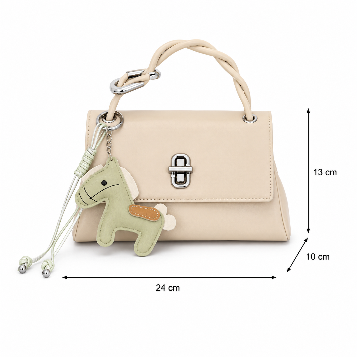 A off-white structured handbag with a top handle, silver-tone hardware, and a dangling horse-shaped keychain charm. Black dimension arrows and labels show the bag's measurements: 24 cm wide, 13 cm tall, and 10 cm deep, on a plain white background.