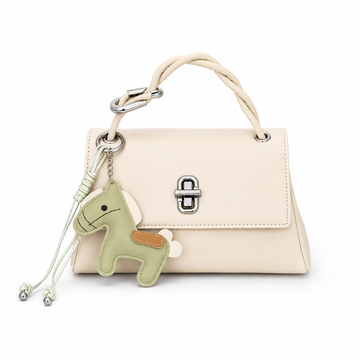 Off White structured top handle handbag with silver twist-lock closure and decorative green horse charm on a white studio background.