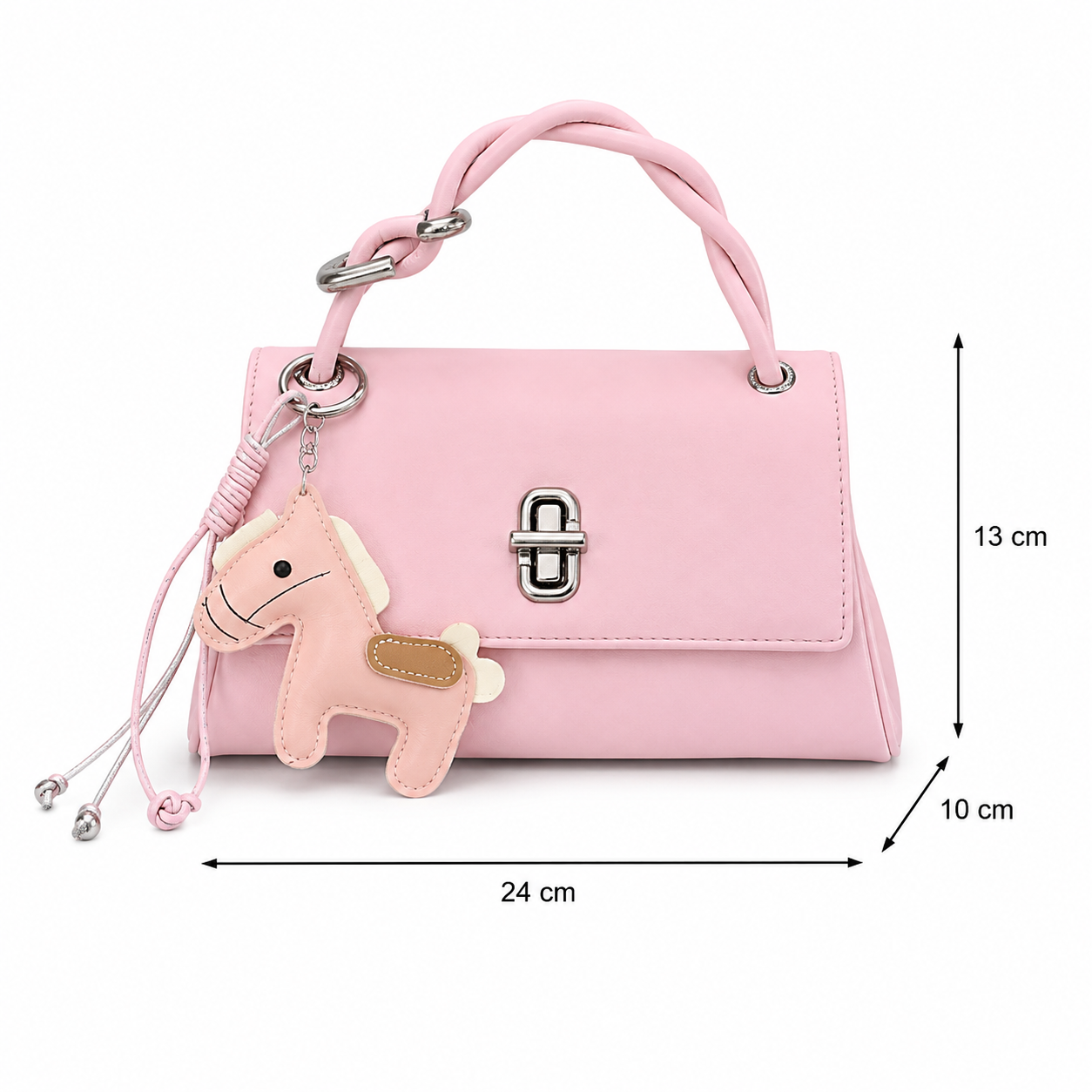 Pink faux leather handbag with a top handle, silver clasp, and a pink plush horse charm, shown with dimension lines indicating 24 cm width, 13 cm height, and 10 cm depth.