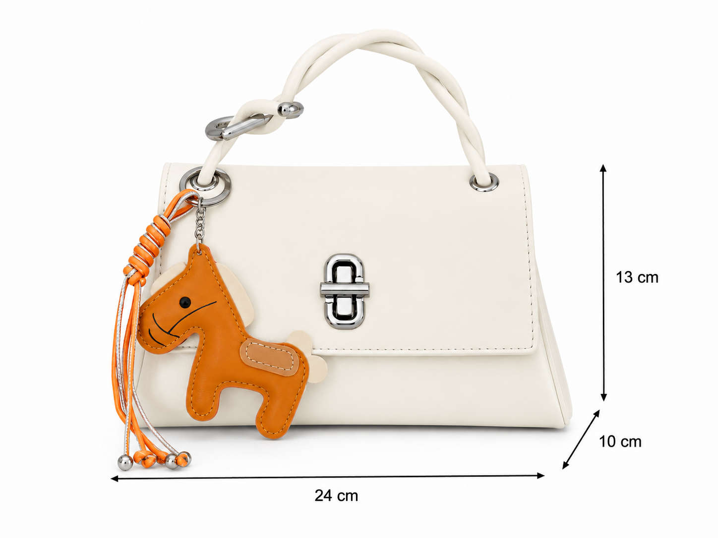 An off-white leather handbag with a silver clasp, featuring an orange horse-shaped charm with a braided orange strap, shown with dimension lines indicating 24 cm width, 13 cm height, and 10 cm depth.