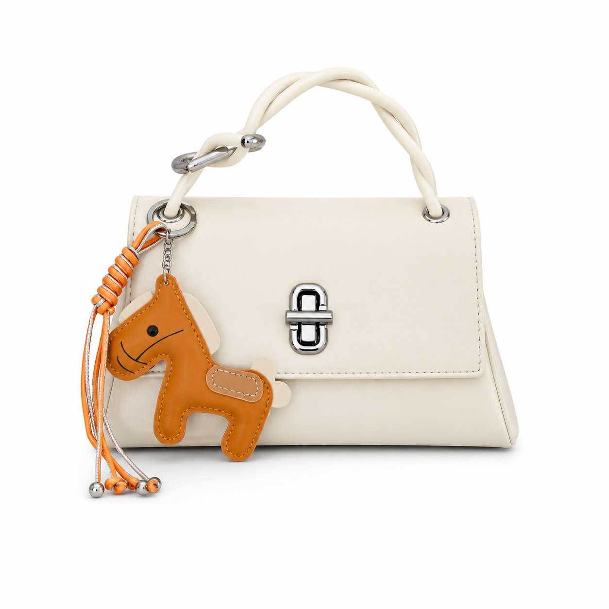 White structured top handle handbag with silver twist-lock closure and decorative orange horse charm on a white studio background.