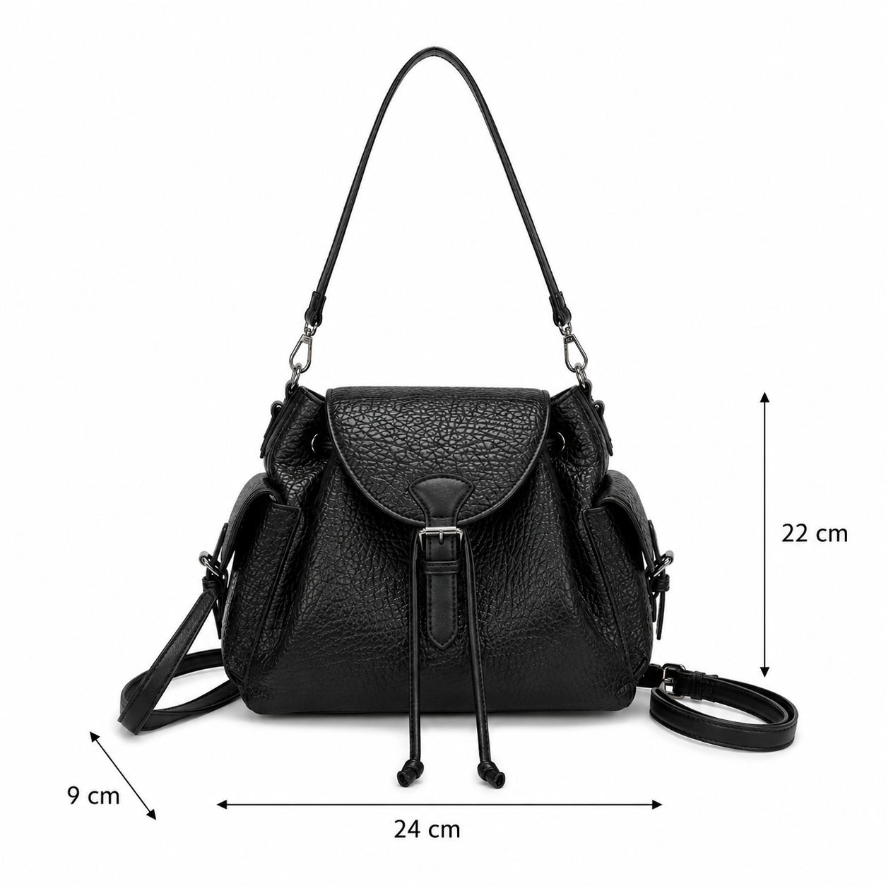 Black pebbled leather shoulder bag with a drawstring closure and adjustable straps, shown with dimension arrows and labels indicating 24 cm width, 22 cm height, and 9 cm strap depth on a white background.