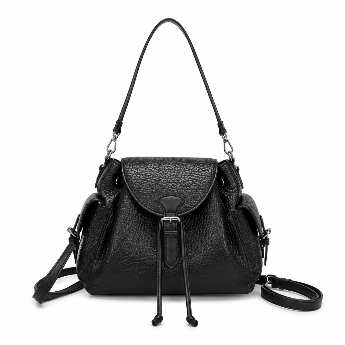 Black textured leather-look shoulder bag with flap closure, side pockets, adjustable shoulder strap, and detachable crossbody strap on a white background.