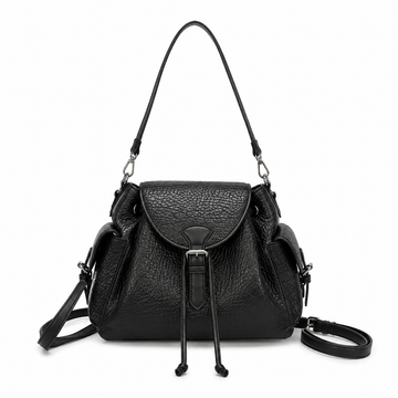 Black textured leather-look shoulder bag with flap closure, side pockets, adjustable shoulder strap, and detachable crossbody strap on a white background.