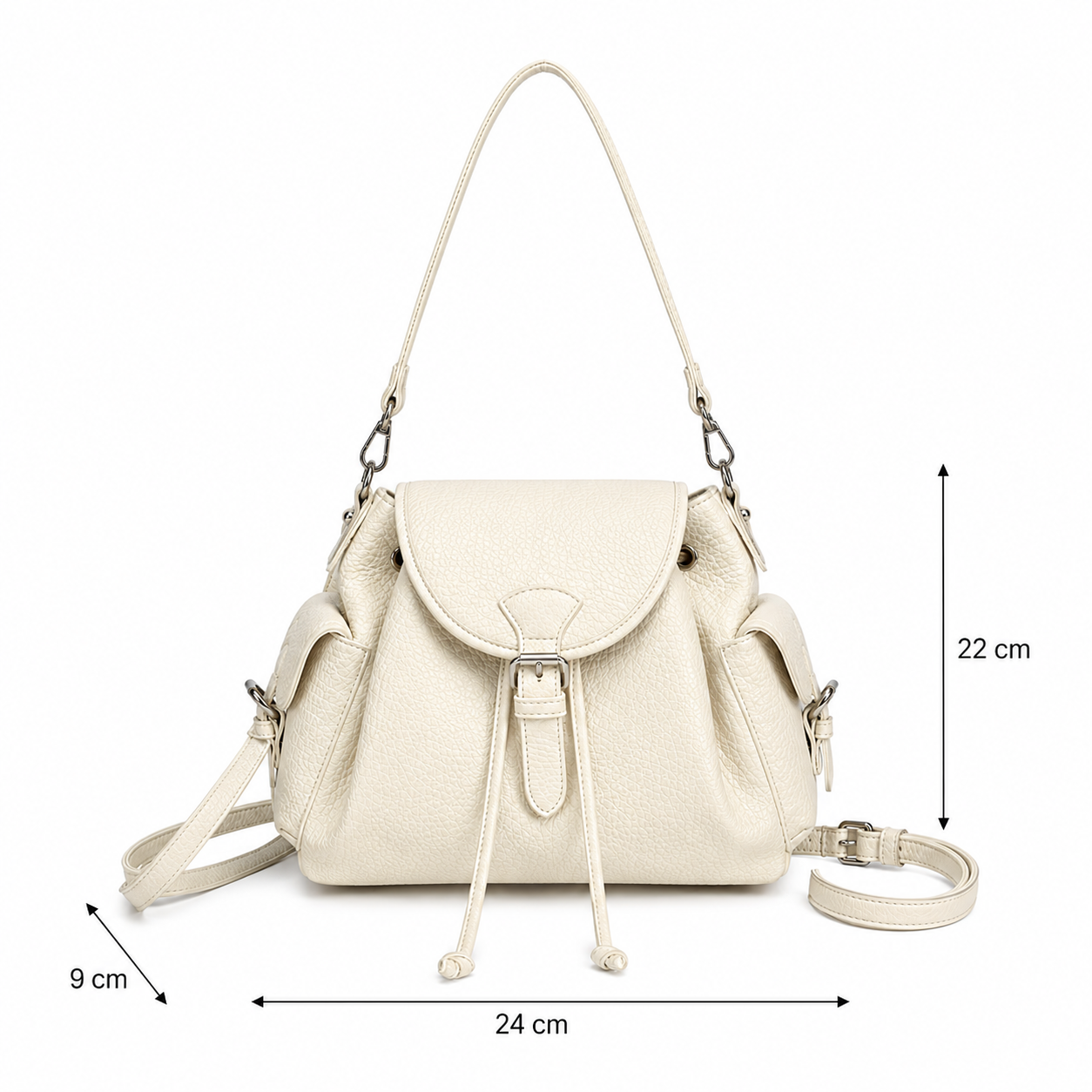 An off-white pebbled leather handbag with a drawstring closure and adjustable shoulder strap, shown with dimension lines indicating measurements of 24 cm width, 22 cm height, and 9 cm strap width.