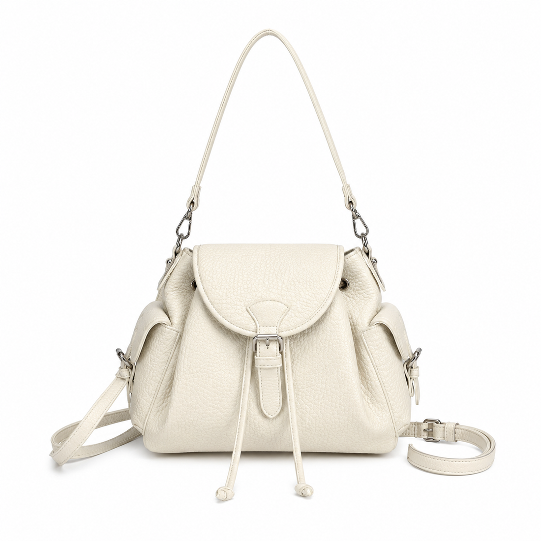 Off White textured leather-look shoulder bag with flap closure, side pockets, adjustable shoulder strap, and detachable crossbody strap on a white background.