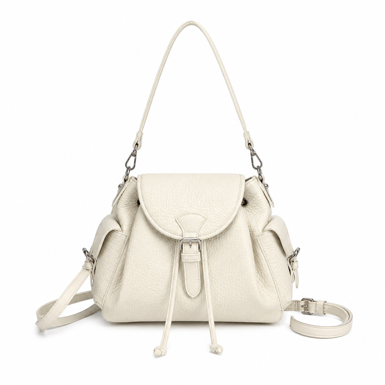 Off White textured leather-look shoulder bag with flap closure, side pockets, adjustable shoulder strap, and detachable crossbody strap on a white background.