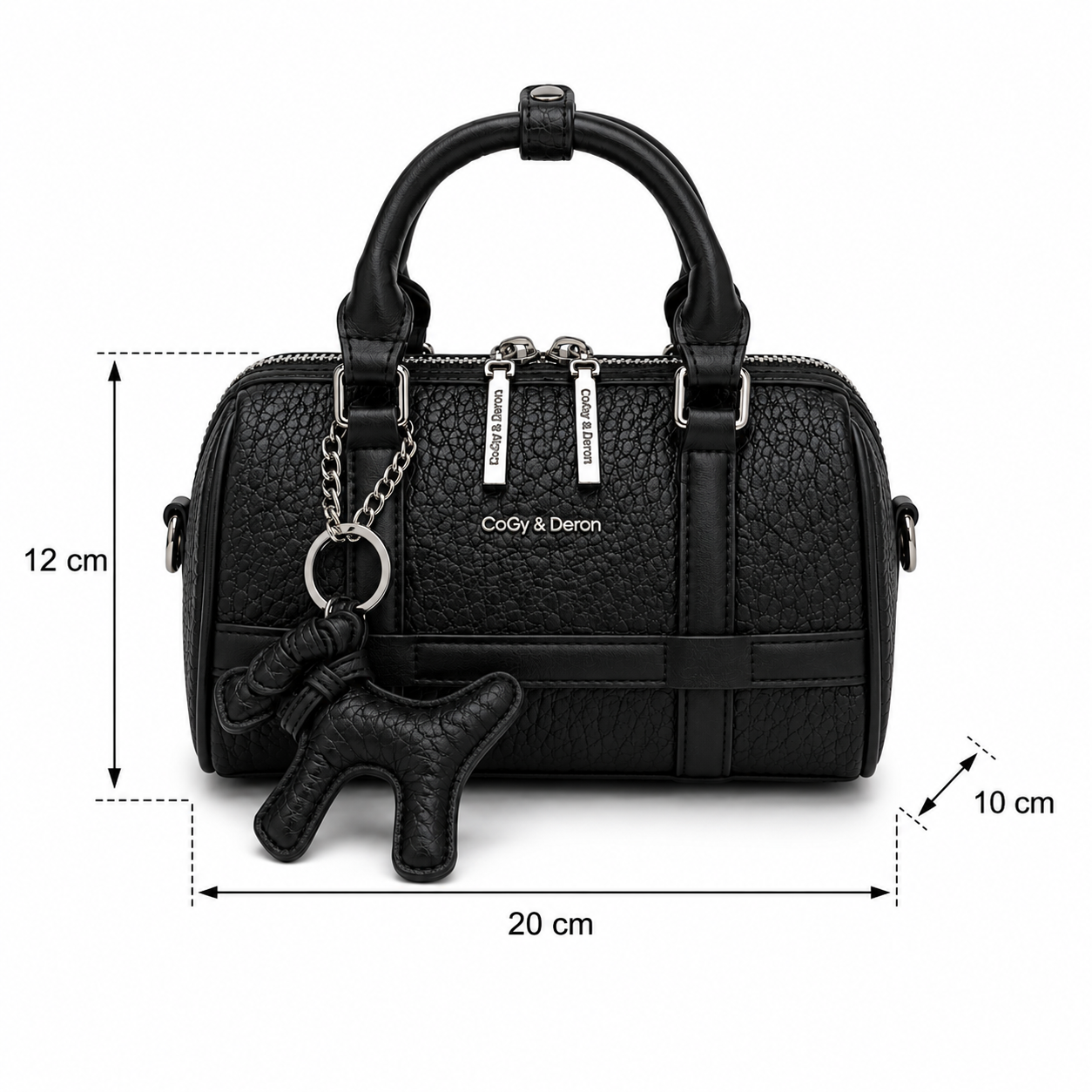 Black textured leather handbag with top handles, silver-tone hardware, a horse-shaped keychain, and overlaid dimension lines showing 20 cm width, 12 cm height, and 10 cm depth on a white background.