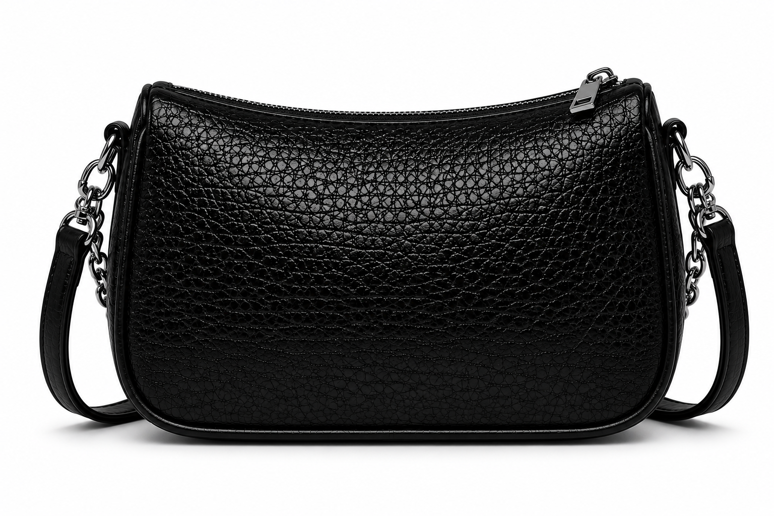 BACK view of a black textured shoulder bag with silver chain accents and a curved silhouette, photographed in a professional studio on a clean white background.