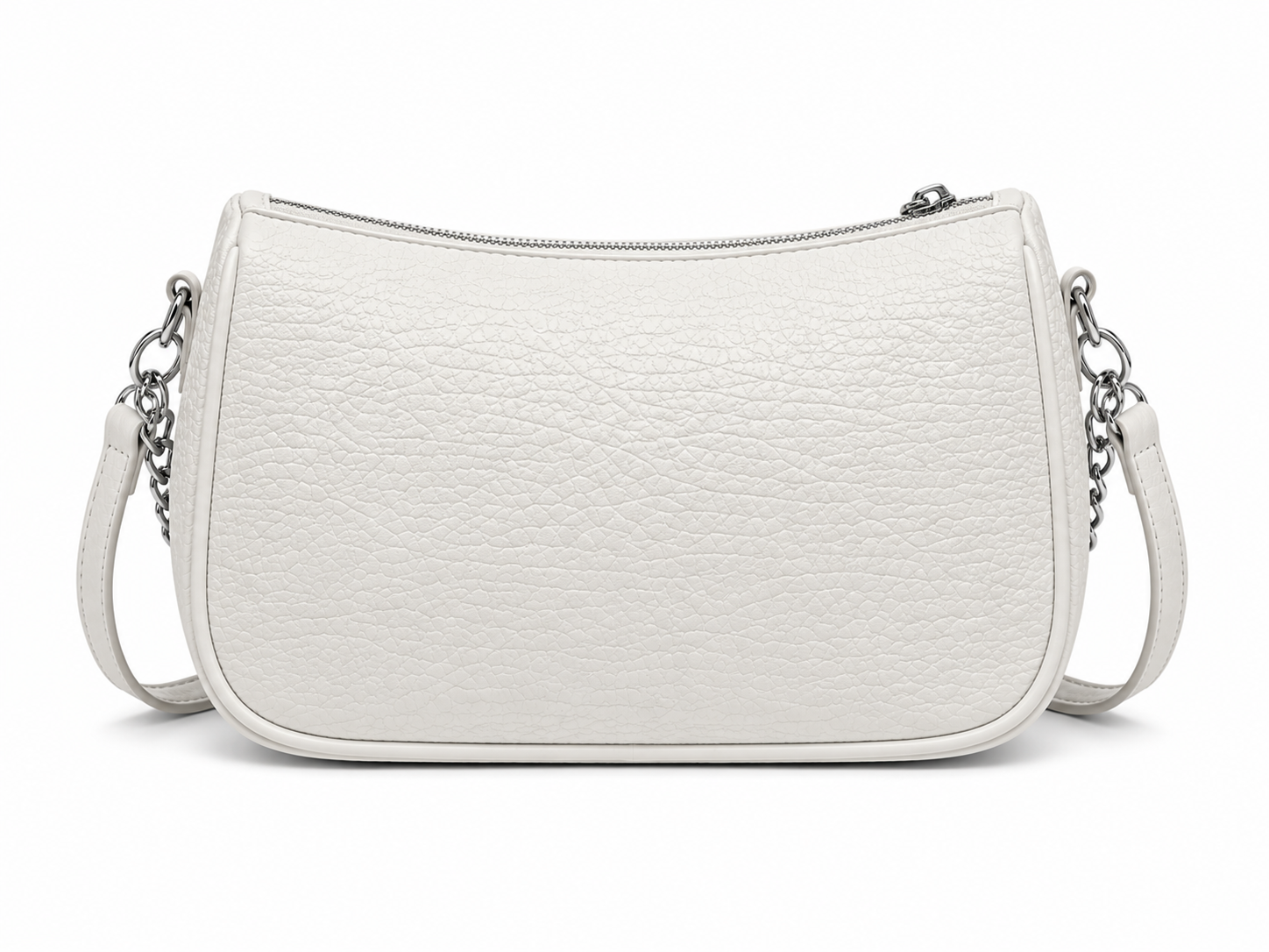 A white pebbled leather crescent-shaped shoulder bag with a silver chain strap and zipper, shown against a plain white background.