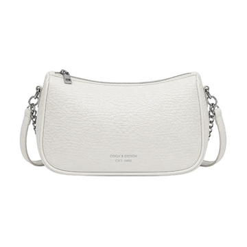 Front view of a white textured shoulder bag with silver chain accents and a curved silhouette, photographed in a professional studio on a clean white background.
