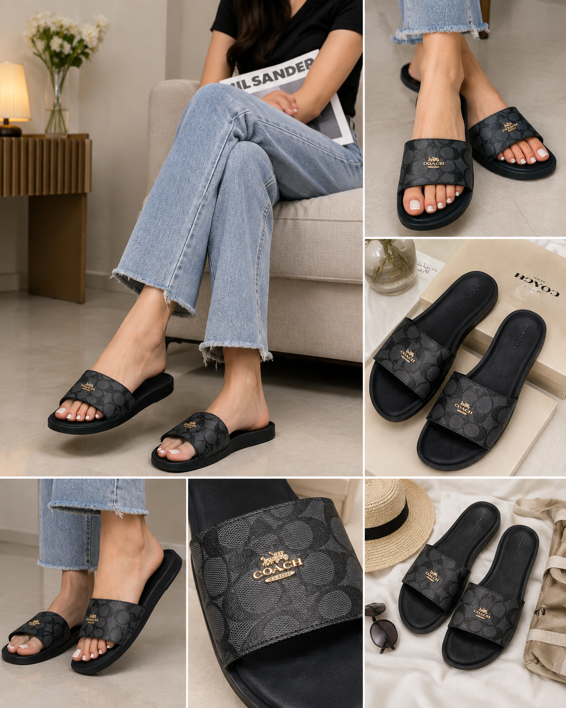 Black Signature Pattern Slide Sandals