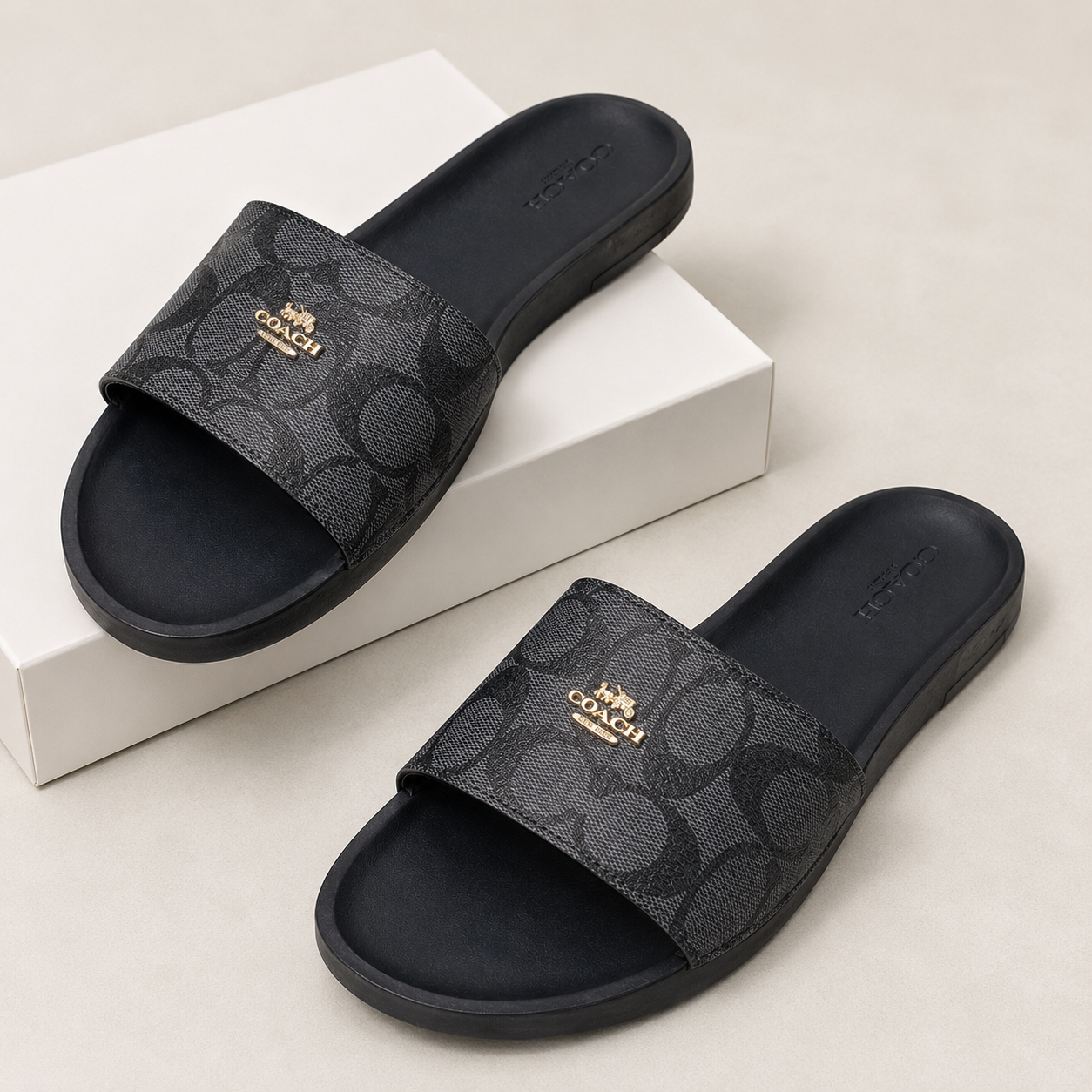 Black Signature Pattern Slide Sandals
