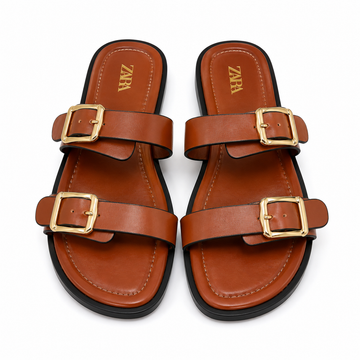 Women’s Double Buckle Flat Sandals – Brown