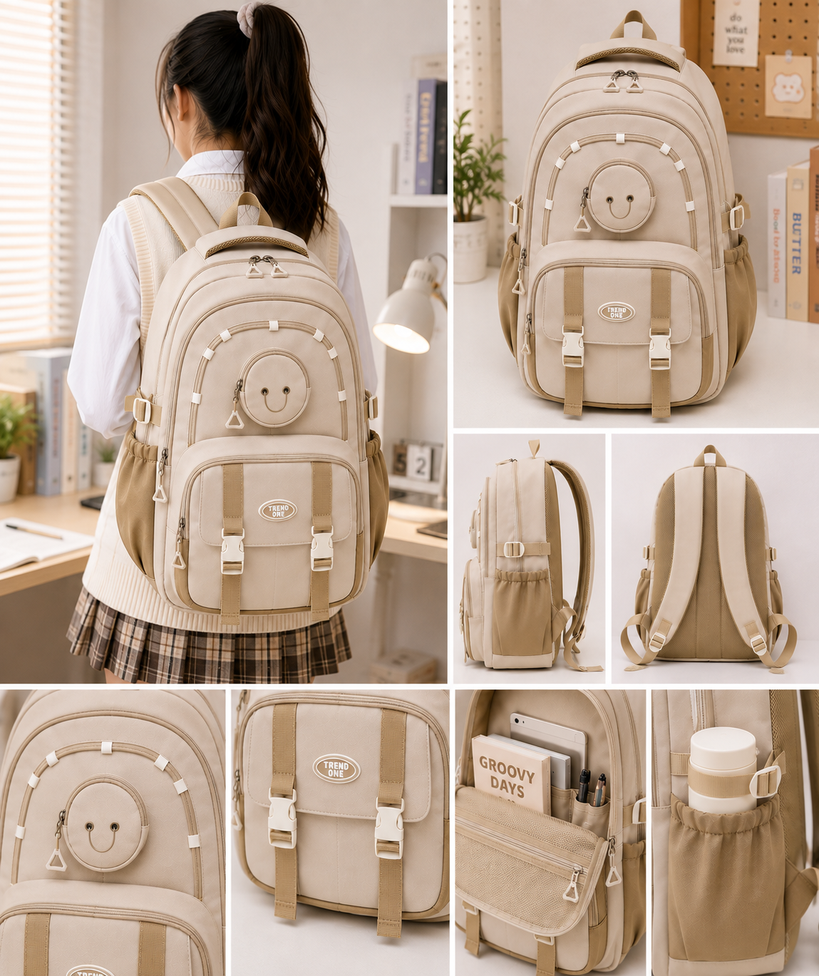 Trend One School Backpack – Khaki / Beige