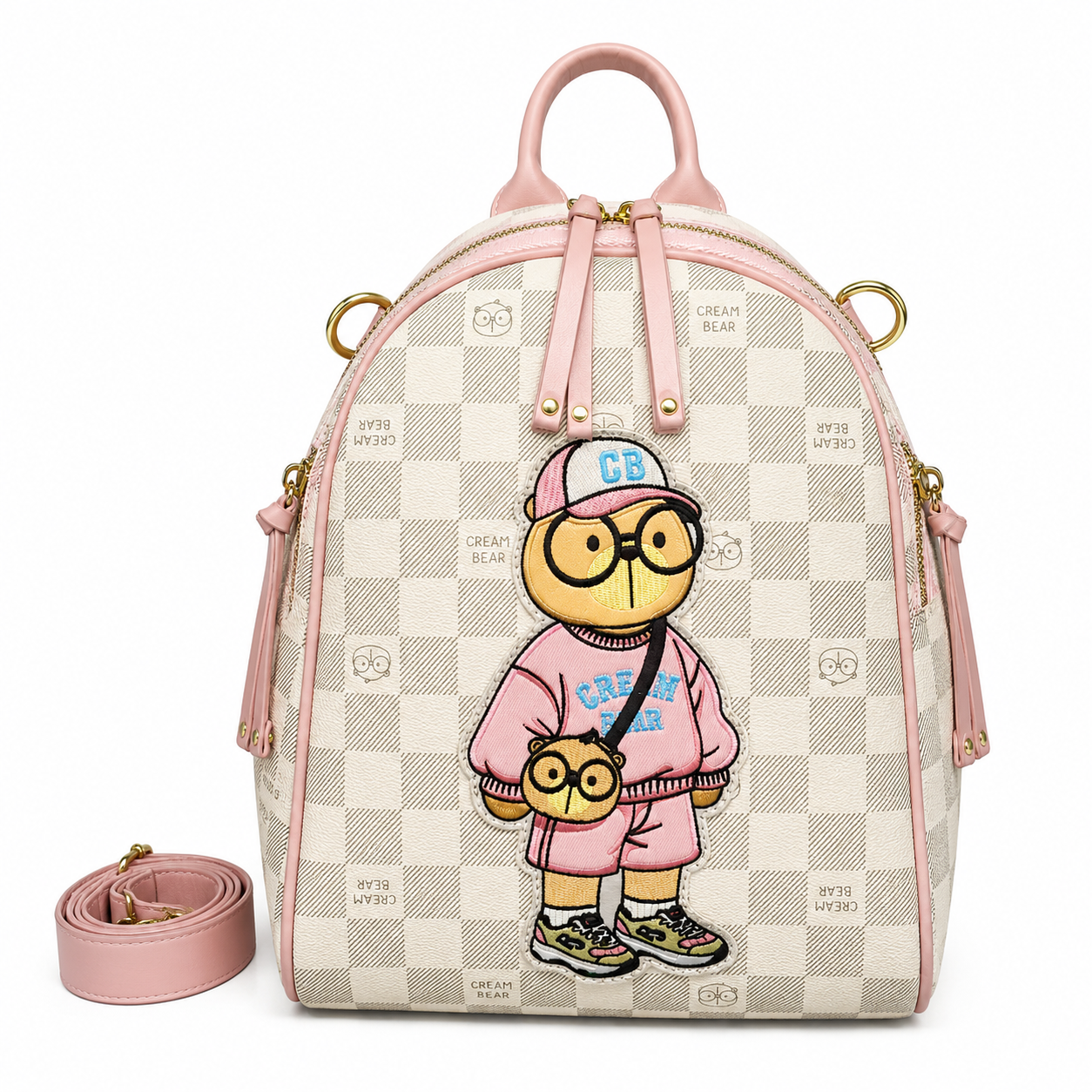 Cream Bear women's backpack with a beige checkered pattern, pink trim, and embroidered cartoon character on the front.