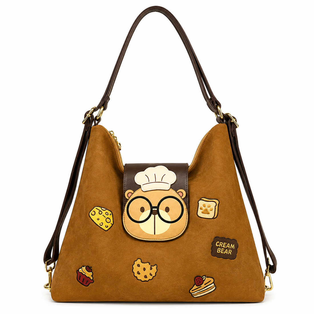Brown Cream Bear hobo shoulder bag with chef bear flap, bakery-themed embroidery, and adjustable shoulder strap.