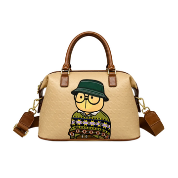 Beige Cream Bear Boston handbag with embroidered cartoon character, brown handles, detachable shoulder strap, and white studio background.