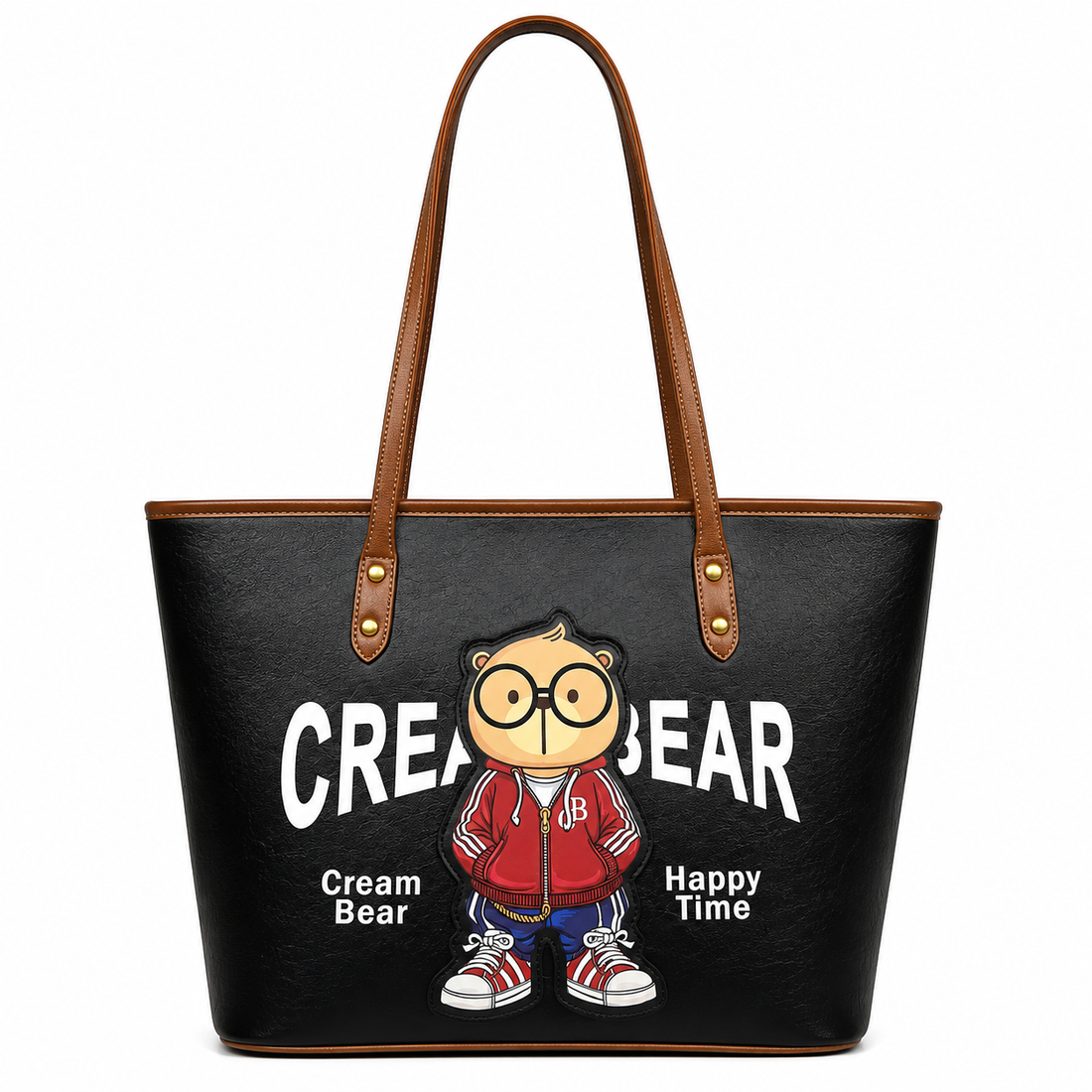 Black Cream Bear tote bag with brown shoulder straps, cartoon bear graphic, large Cream Bear logo, and white studio background.
